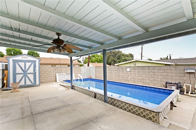 13924 2nd St, Whittier, CA 90605 - view of pool with a storage shed, a fenced backyard, ceiling fan, and a patio area