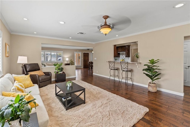 15037 Hiawatha St, Mission Hills San Fernando, CA 91345 - living area with wood-type flooring, ceiling fan, recessed lighting, and ornamental molding
