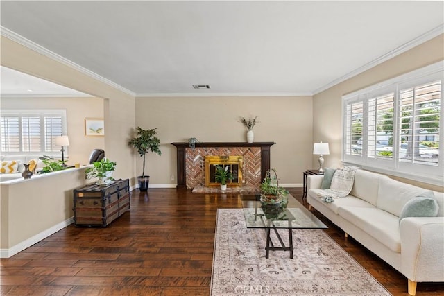 15037 Hiawatha St, Mission Hills San Fernando, CA 91345 - living area with dark wood-type flooring, ornamental molding, healthy amount of natural light, and a glass covered fireplace