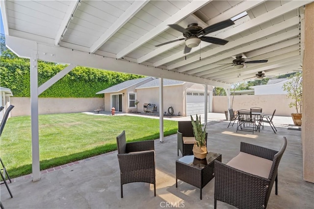15037 Hiawatha St, Mission Hills San Fernando, CA 91345 - fenced backyard featuring ceiling fan, a patio area, and outdoor dining area