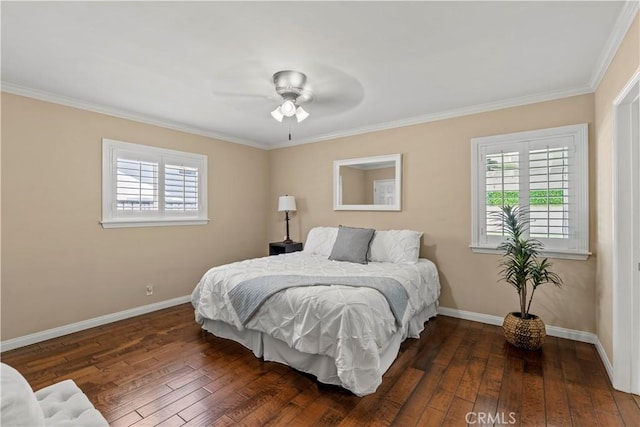15037 Hiawatha St, Mission Hills San Fernando, CA 91345 - bedroom featuring multiple windows, ornamental molding, wood-type flooring, and ceiling fan