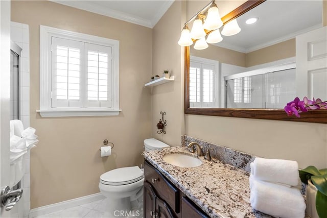 15037 Hiawatha St, Mission Hills San Fernando, CA 91345 - full bath featuring marble look tiles, vanity, an enclosed shower, crown molding, and a chandelier