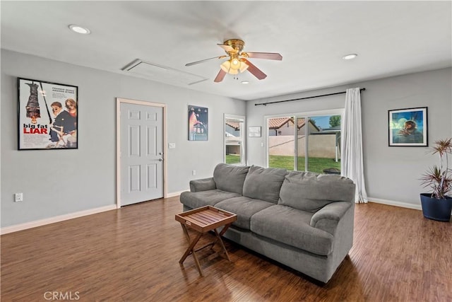 15037 Hiawatha St, Mission Hills San Fernando, CA 91345 - living room with attic access, a ceiling fan, wood finished floors, and recessed lighting