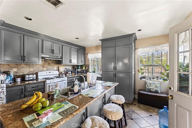 822 Corona Ave, Corona, CA 92879 - kitchen featuring gas range gas stove, under cabinet range hood, stainless steel microwave, gray cabinets, and decorative backsplash
