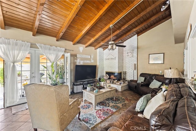 822 Corona Ave, Corona, CA 92879 - tiled living area featuring a wooden ceiling with exposed beams, a ceiling fan, a fireplace, high vaulted ceiling, and french doors