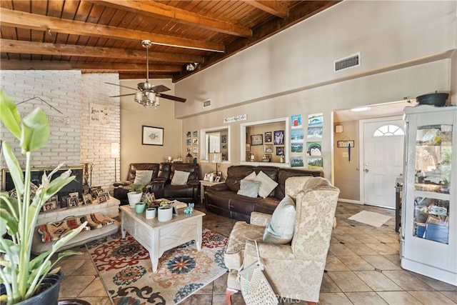822 Corona Ave, Corona, CA 92879 - living area with a wood ceiling with exposed beams, a high ceiling, tile patterned floors, and ceiling fan