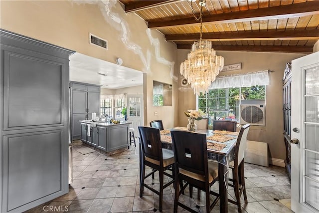 822 Corona Ave, Corona, CA 92879 - dining space featuring wood ceiling, healthy amount of natural light, a chandelier, and light tile patterned floors