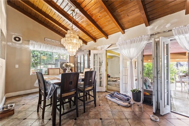 822 Corona Ave, Corona, CA 92879 - tiled dining area with a wood ceiling with exposed beams, plenty of natural light, a chandelier, and high vaulted ceiling