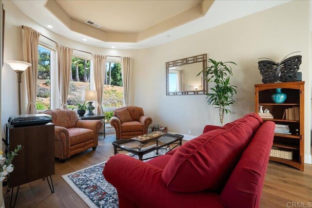 29861 Kirsten Ln, Vista, CA 92084 - living room with a raised ceiling, wood finished floors, and recessed lighting