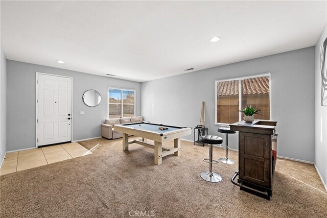 3260 Ivy Ct, Perris, CA 92571 - game room featuring billiards, carpet, recessed lighting, and tile patterned flooring