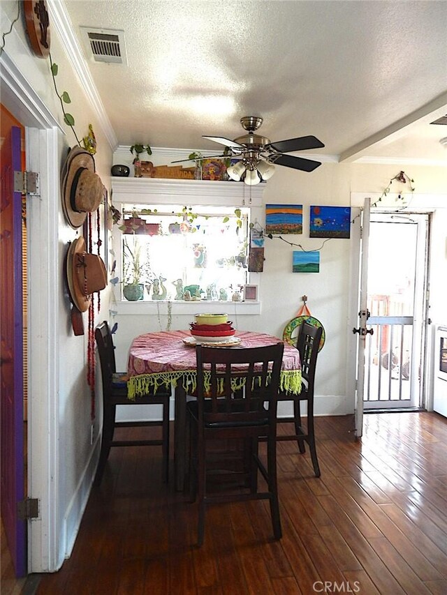 2616 S Denison Ave, San Pedro, CA 90731 - dining room with ceiling fan, a textured ceiling, hardwood / wood-style floors, and ornamental molding