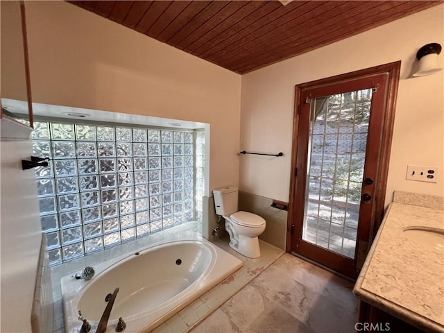 31016 Summit Dr, Running Springs, CA 92382 - bathroom featuring wooden ceiling, a bath, vanity, and marble look tile flooring