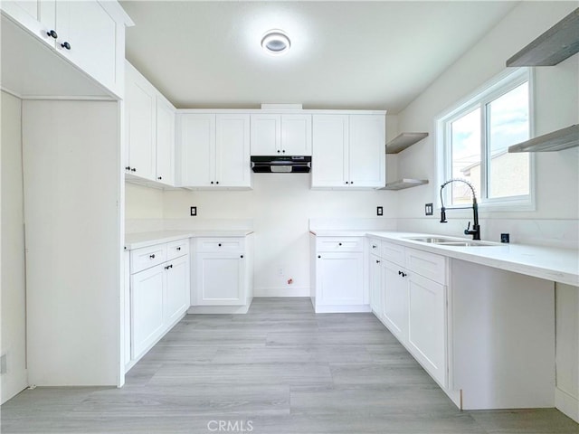 1512 S Butler Ave, Compton, CA 90221 - kitchen with open shelves, ventilation hood, light wood-style flooring, wall chimney range hood, and white cabinets