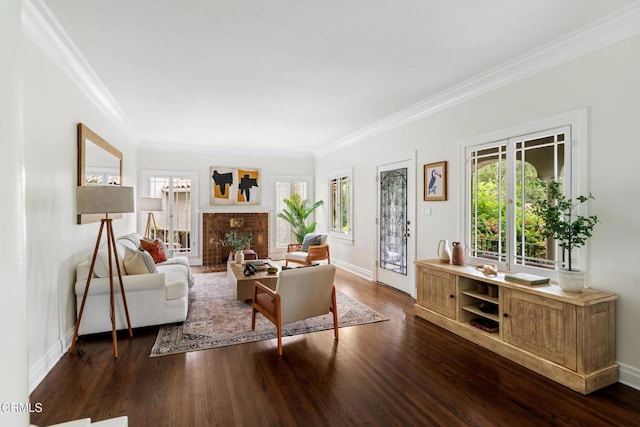 413 Sycamore Pl, Sierra Madre, CA 91024 - living area with crown molding, healthy amount of natural light, dark wood-style flooring, and a fireplace