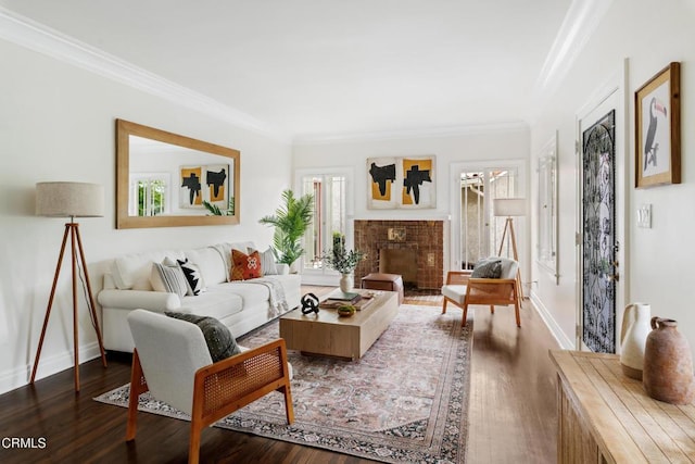 413 Sycamore Pl, Sierra Madre, CA 91024 - living area with dark wood-style flooring, ornamental molding, and a fireplace