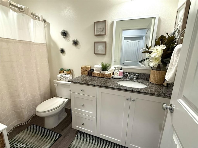 27265 Graphite Dr, Menifee, CA 92584 - full bath featuring vanity, wood finished floors, and a shower with curtain