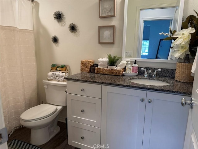 27265 Graphite Dr, Menifee, CA 92584 - bathroom with vanity, wood finished floors, and a shower with shower curtain