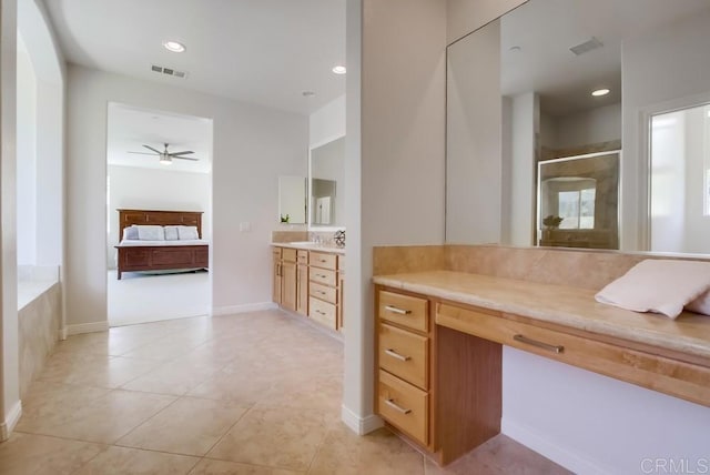 15240 Cayenne Creek Ct, San Diego, CA 92127 - bathroom featuring vanity, a shower stall, ceiling fan, connected bathroom, and tile patterned floors