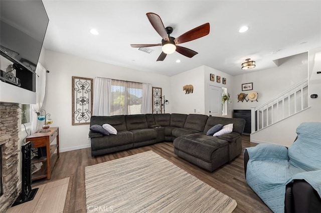 717 Lingel Dr, El Cajon, CA 92019 - living area with stairs, a stone fireplace, a ceiling fan, wood finished floors, and recessed lighting