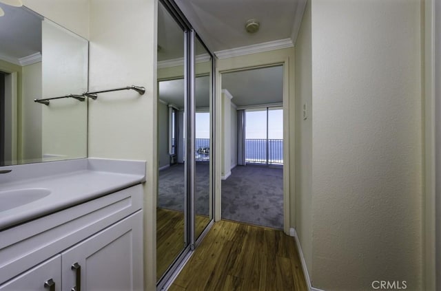 700 E Ocean Blvd Unit 2606, Long Beach, CA 90802 - bathroom featuring crown molding, wood finished floors, and vanity