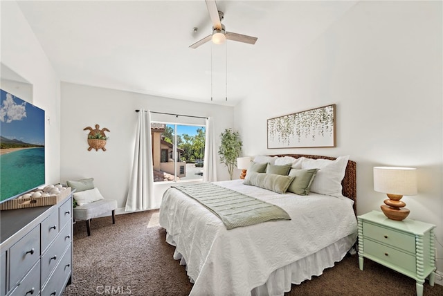 36 Via Madera, Rancho Santa Margarita, CA 92688 - bedroom featuring dark carpet, access to exterior, lofted ceiling, and a ceiling fan