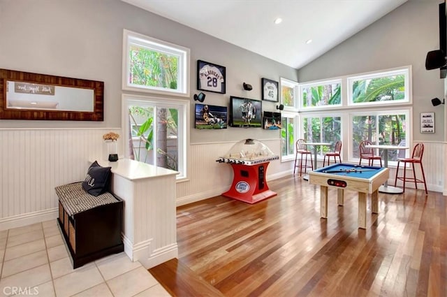 26181 San Marino Ct, Mission Viejo, CA 92692 - playroom featuring wainscoting, pool table, wood finished floors, vaulted ceiling, and recessed lighting
