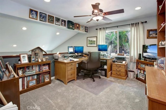 26181 San Marino Ct, Mission Viejo, CA 92692 - office space featuring a ceiling fan, light colored carpet, recessed lighting, and vaulted ceiling
