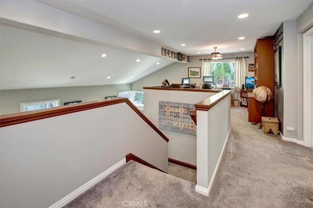 26181 San Marino Ct, Mission Viejo, CA 92692 - stairway featuring carpet flooring, plenty of natural light, recessed lighting, and ceiling fan