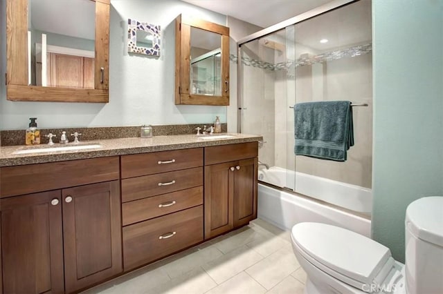 26181 San Marino Ct, Mission Viejo, CA 92692 - full bath featuring double vanity, enclosed tub / shower combo, and tile patterned floors