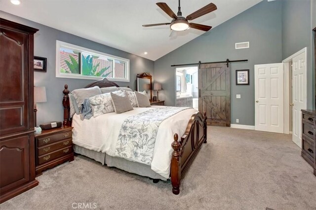 26181 San Marino Ct, Mission Viejo, CA 92692 - bedroom featuring light colored carpet, a barn door, high vaulted ceiling, a ceiling fan, and recessed lighting
