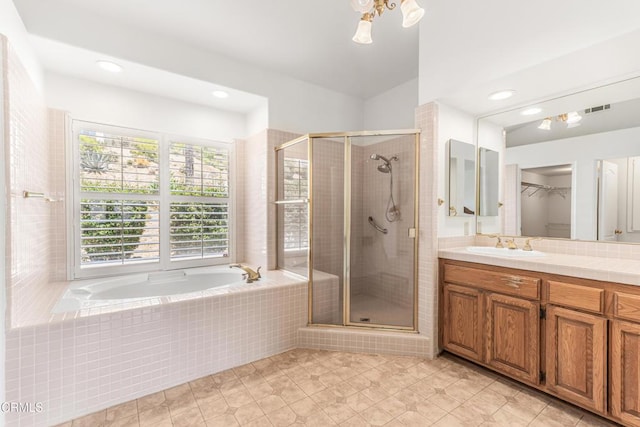 800 Manor Ridge Rd, Santa Paula, CA 93060 - full bathroom featuring vanity, a shower stall, a bath, recessed lighting, and tile patterned flooring