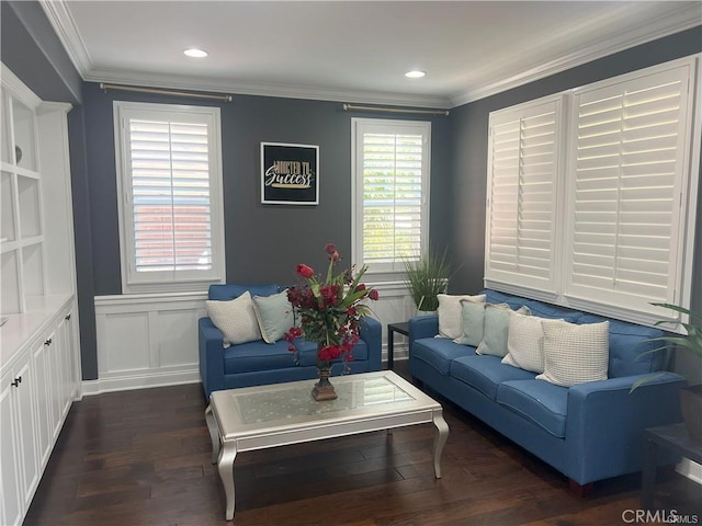 4866 Stoneglen Ave, Fontana, CA 92336 - living area featuring ornamental molding, wood finished floors, and recessed lighting