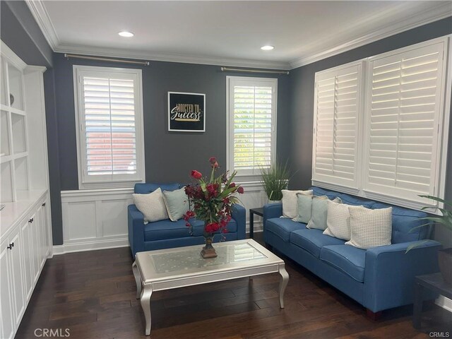 4866 Stoneglen Ave, Fontana, CA 92336 - living room with ornamental molding, wood finished floors, and recessed lighting