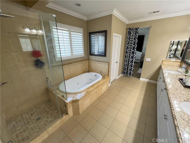 4866 Stoneglen Ave, Fontana, CA 92336 - bathroom with double vanity, a shower stall, a jetted tub, tile patterned floors, and ornamental molding