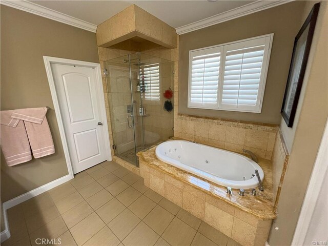 4866 Stoneglen Ave, Fontana, CA 92336 - bathroom featuring a whirlpool tub, a shower stall, tile patterned floors, and crown molding