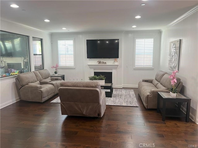4866 Stoneglen Ave, Fontana, CA 92336 - living room featuring a fireplace, crown molding, dark wood-style floors, and recessed lighting