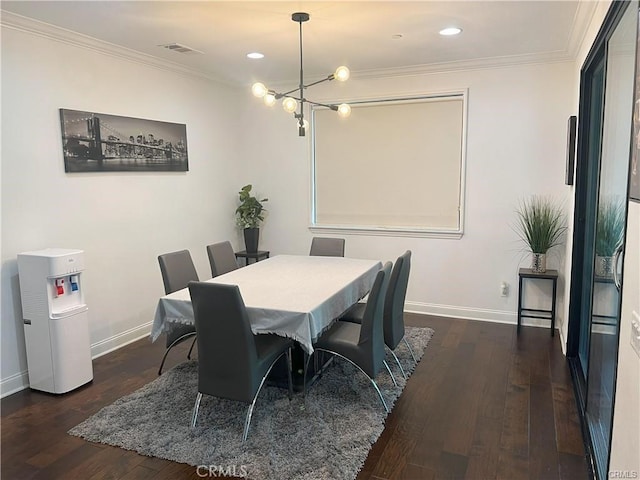 4866 Stoneglen Ave, Fontana, CA 92336 - dining space featuring a chandelier, hardwood / wood-style floors, ornamental molding, and recessed lighting