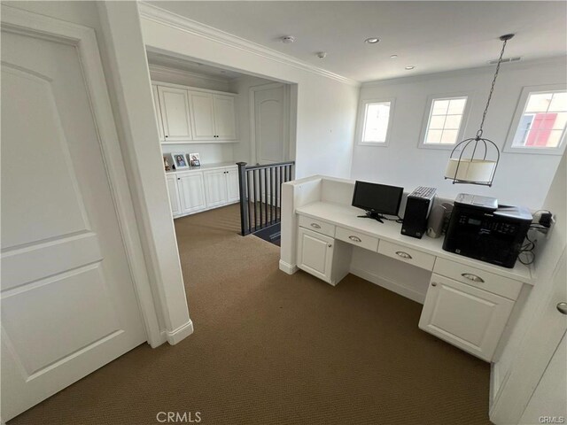 4866 Stoneglen Ave, Fontana, CA 92336 - office featuring dark colored carpet, ornamental molding, and recessed lighting