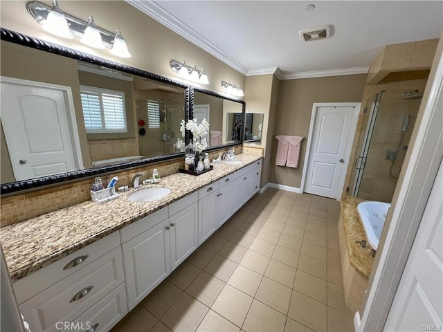 4866 Stoneglen Ave, Fontana, CA 92336 - full bath featuring a shower stall, tile patterned floors, double vanity, a jetted tub, and ornamental molding