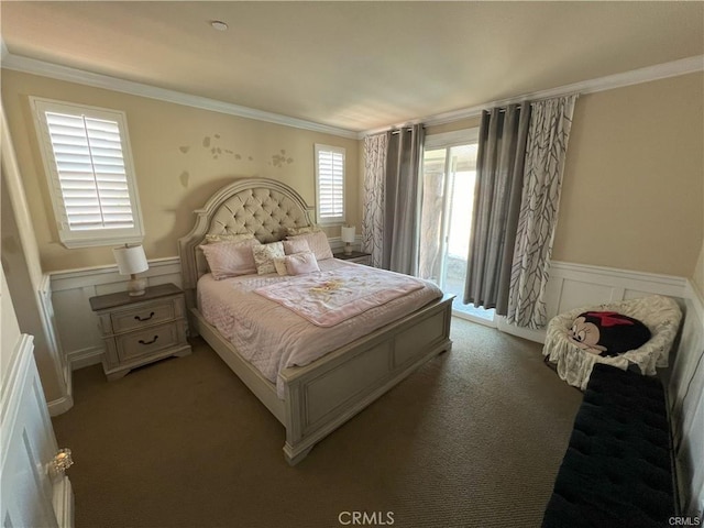 4866 Stoneglen Ave, Fontana, CA 92336 - bedroom with light carpet, wainscoting, access to outside, crown molding, and a decorative wall