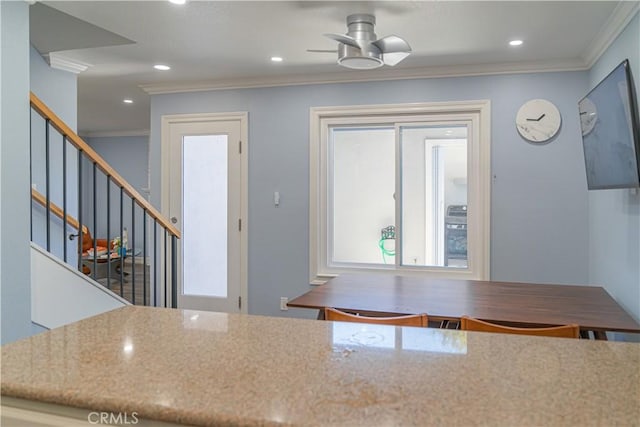 1845 Anaheim Ave Unit 27, Costa Mesa, CA 92627 - kitchen featuring crown molding, recessed lighting, and a ceiling fan