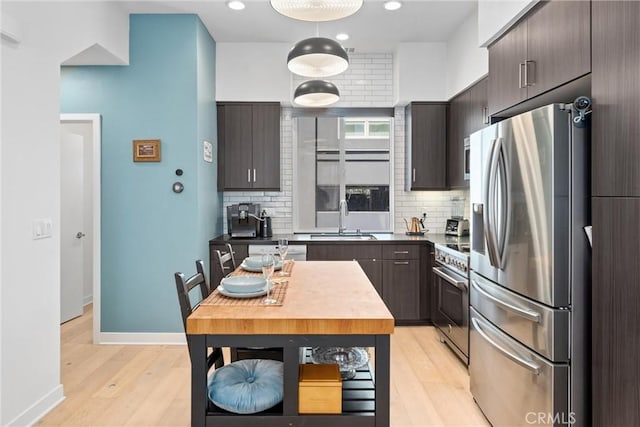 206 Alamo Ct, Long Beach, CA 90802 - kitchen featuring appliances with stainless steel finishes, dark brown cabinetry, decorative backsplash, and recessed lighting