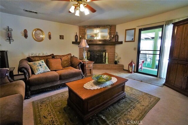 1200 Oxford Way, Hanford, CA 93230 - carpeted living area with a ceiling fan and a brick fireplace