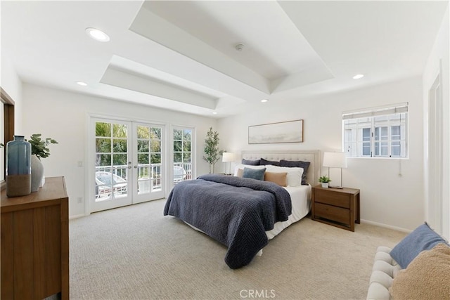 1114 Vincent St Unit A, Redondo Beach, CA 90277 - bedroom featuring access to exterior, light carpet, a raised ceiling, french doors, and recessed lighting