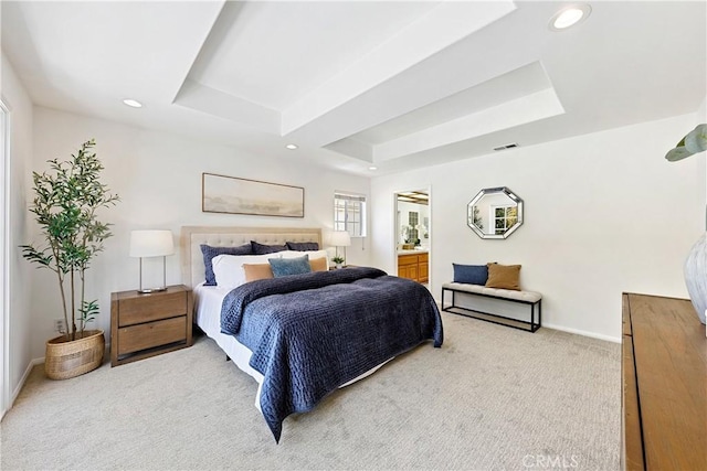 1114 Vincent St Unit A, Redondo Beach, CA 90277 - bedroom with light carpet, a raised ceiling, a skylight, recessed lighting, and ensuite bathroom