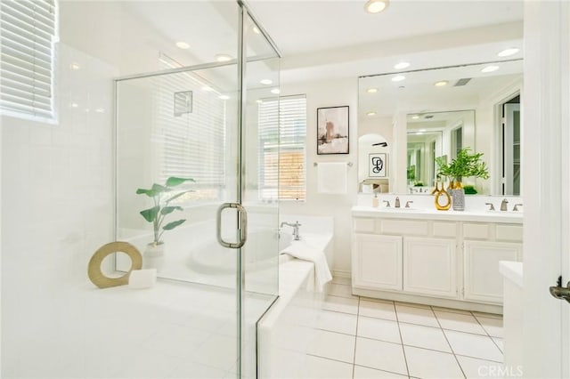 501 Newman Cir, Placentia, CA 92870 - full bathroom with a garden tub, double vanity, a stall shower, tile patterned flooring, and recessed lighting