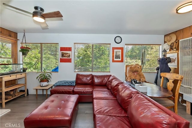 316 La Casita Dr, Twin Peaks, CA 92391 - living area with healthy amount of natural light, ceiling fan, and wood finished floors