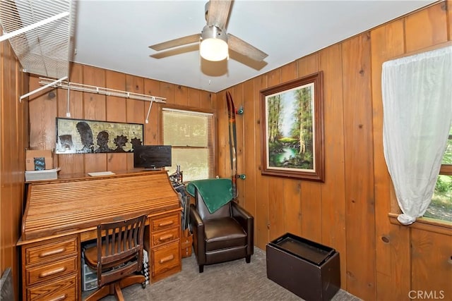 316 La Casita Dr, Twin Peaks, CA 92391 - office space with carpet, wood walls, and ceiling fan