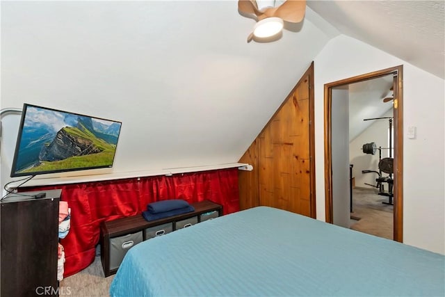316 La Casita Dr, Twin Peaks, CA 92391 - carpeted bedroom with lofted ceiling and ceiling fan