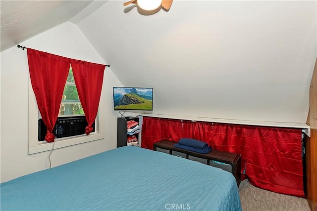 316 La Casita Dr, Twin Peaks, CA 92391 - bedroom with lofted ceiling, carpet flooring, a ceiling fan, and cooling unit